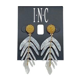 Gold-Tone Beaded Cluster and Shaky White Palm Leaf Statement Earrings 3"